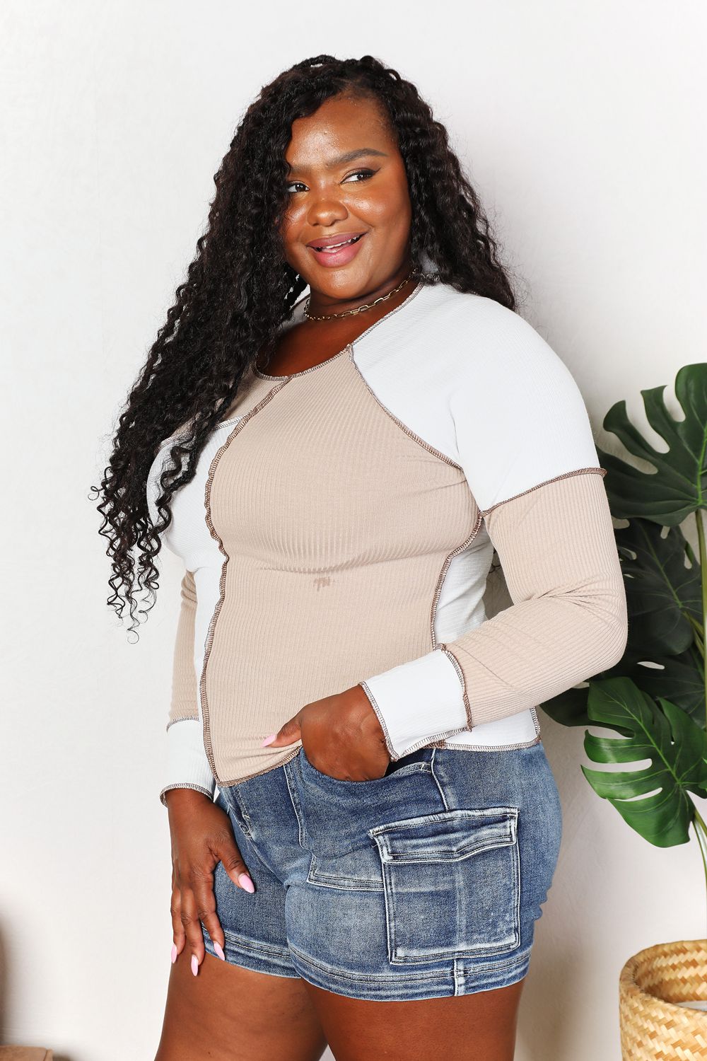 Color Block Exposed Seam Top in Khaki