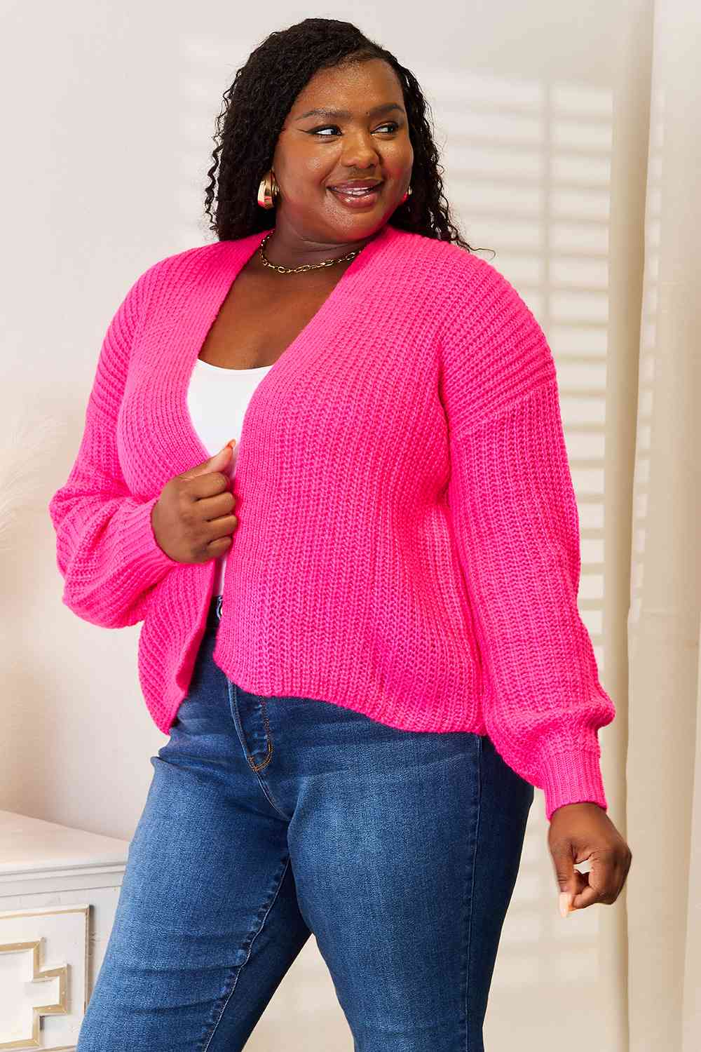 Hot Pink Rib-Knit Open Front Drop Shoulder Cardigan