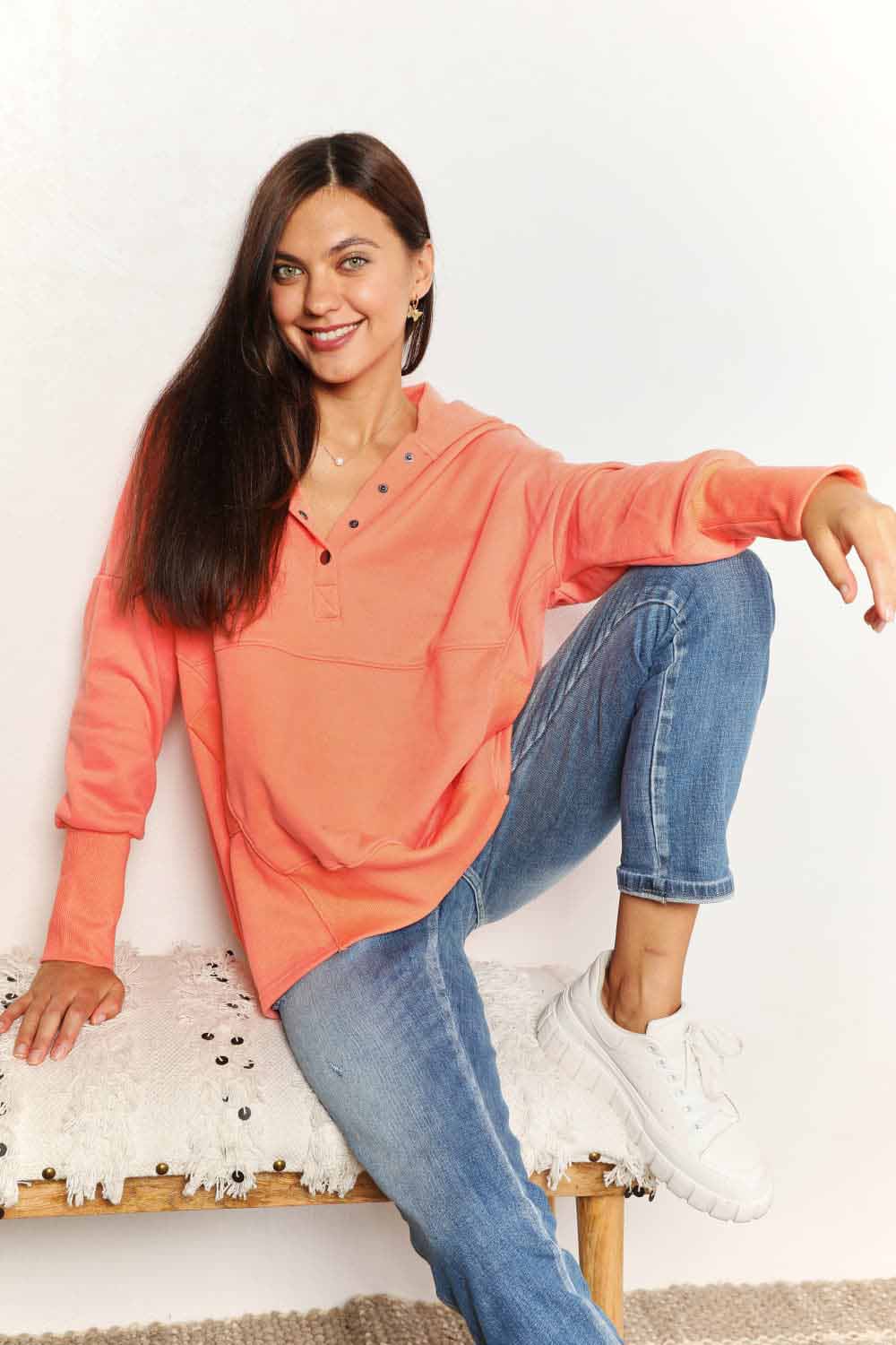 Quarter-Snap Dropped Shoulder Hoodie in Tangerine
