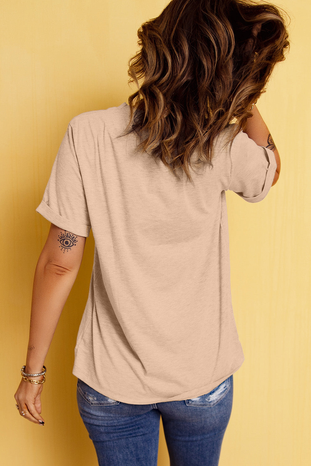 Khaki Fall Bowknot Graphic Short Sleeve Top