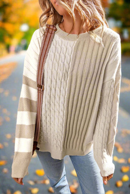 Khaki Cable KnitCrew Neck Drop Shoulder Sweater