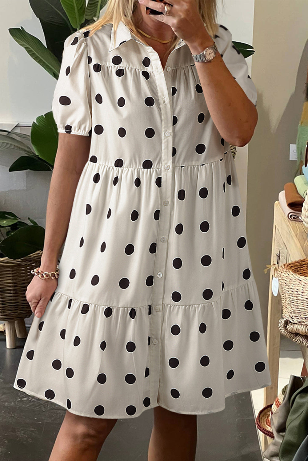 White Polka Dot Print Short Sleeve Collar Buttoned Tiered Babydoll Dress