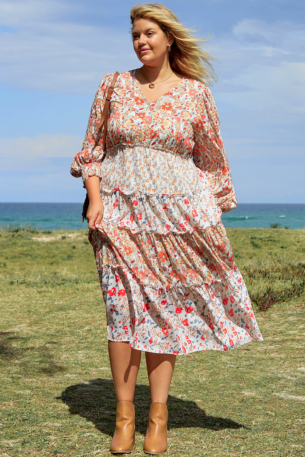 Khaki Floral Tiered Ruffle Maxi Dress in CURVY SIZE ONLY