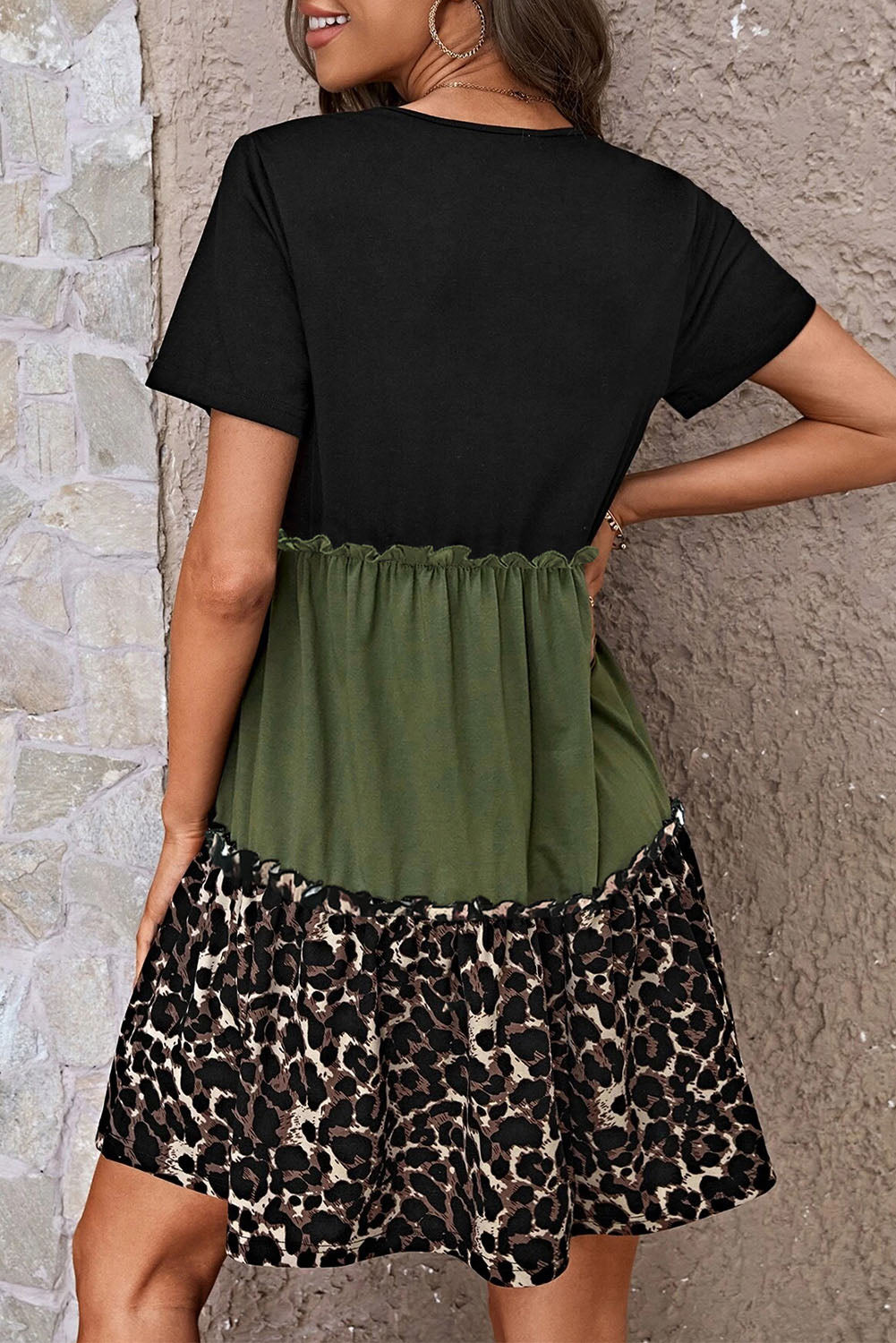 Leopard Print Color Block Frill Trim T-shirt Dress