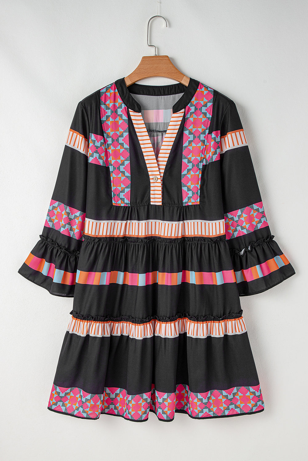 Black V Neck Bell Sleeve Ruffle Patchwork Dress