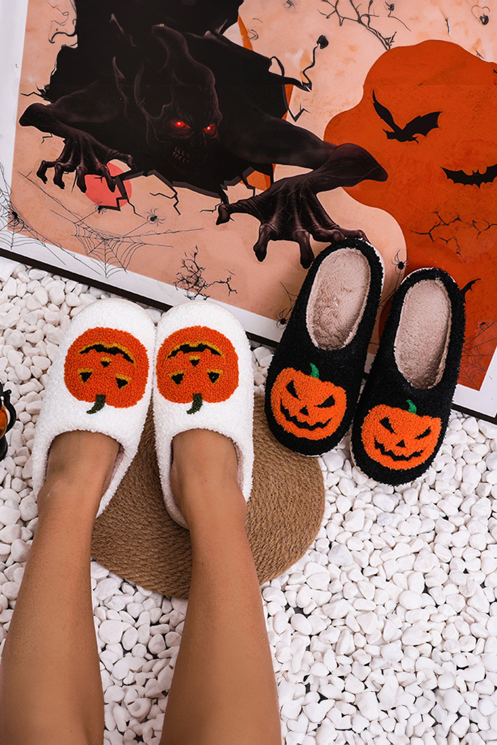 Halloween Pumpkin Print Plush Slippers (Runs Small, Size Up)