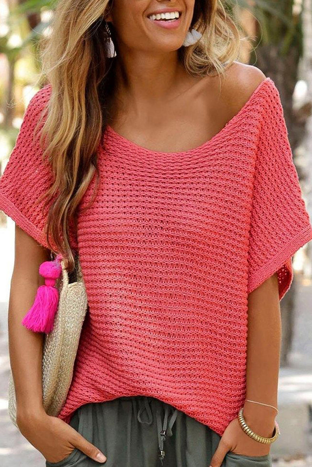 Solid Loose Knit Short Dolman Sleeve Sweater in Red Clay