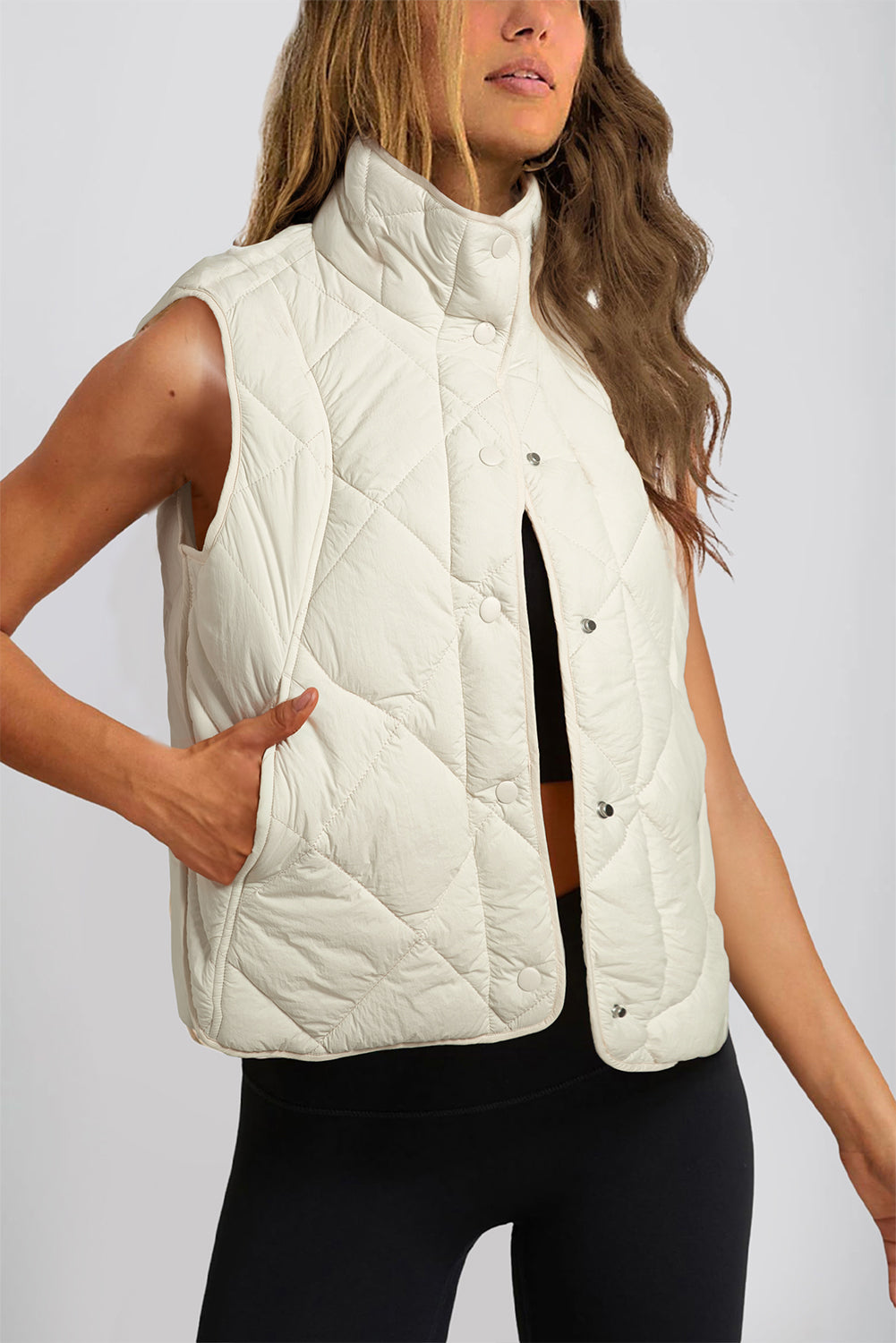 Quilted High Neck Button Up Pocket Vest Coat