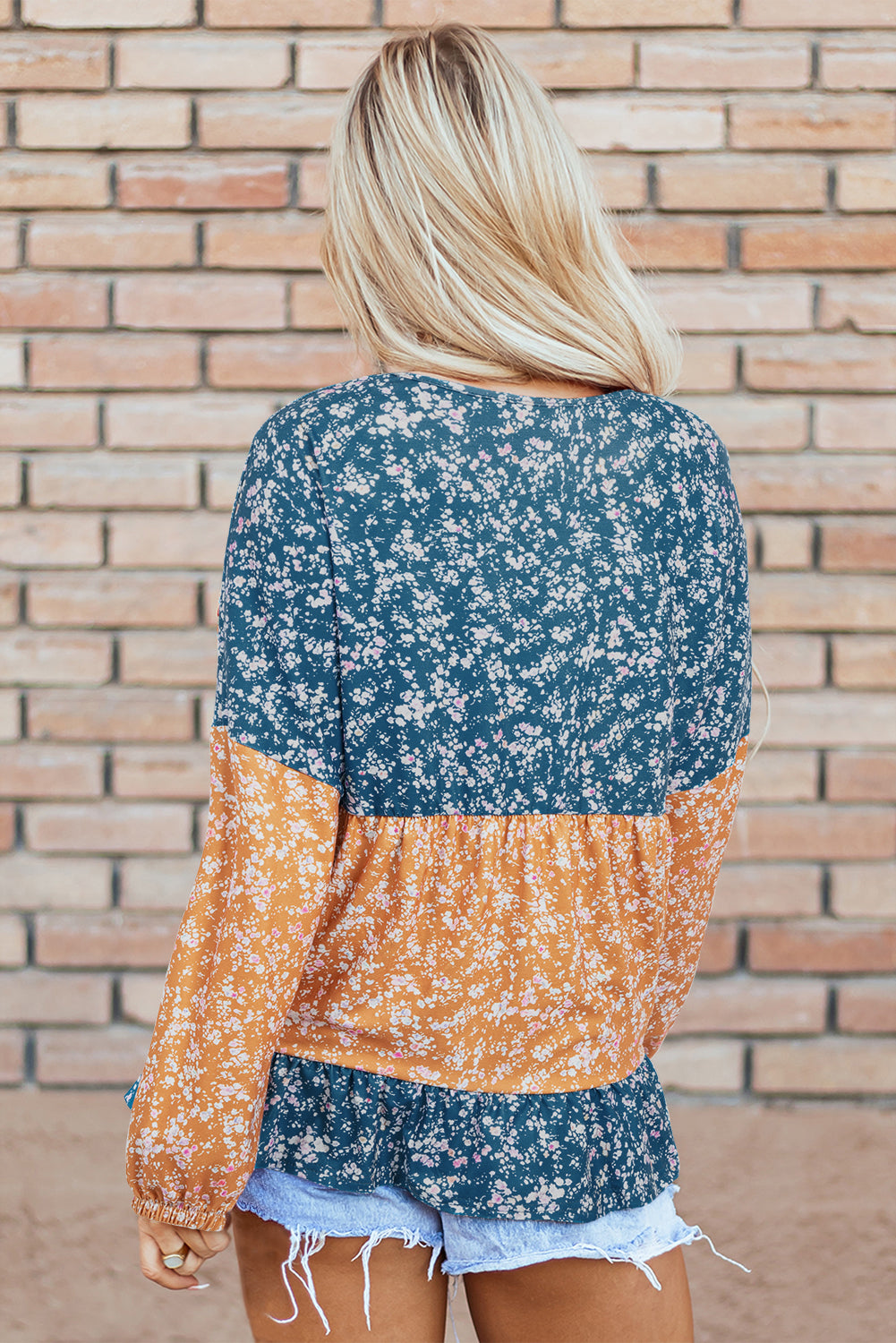 Blue Floral Color Block Patchwork Ruffled Hem Blouse