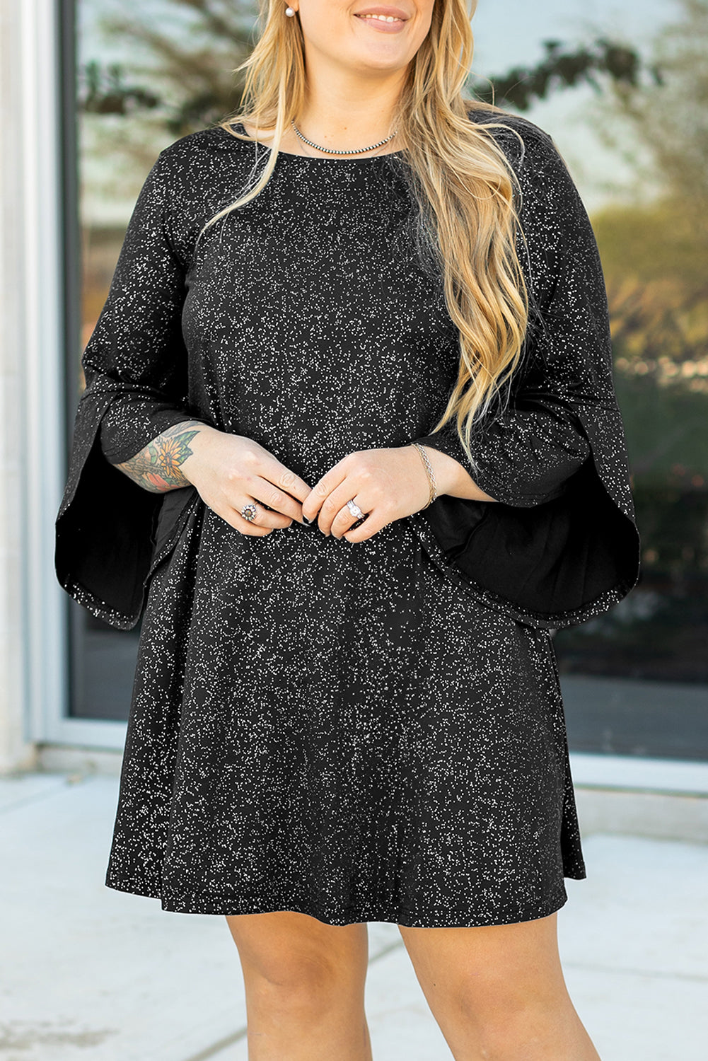 Black Glitter Metallic Bell Sleeve Mini Dress in CURVY SIZE ONLY