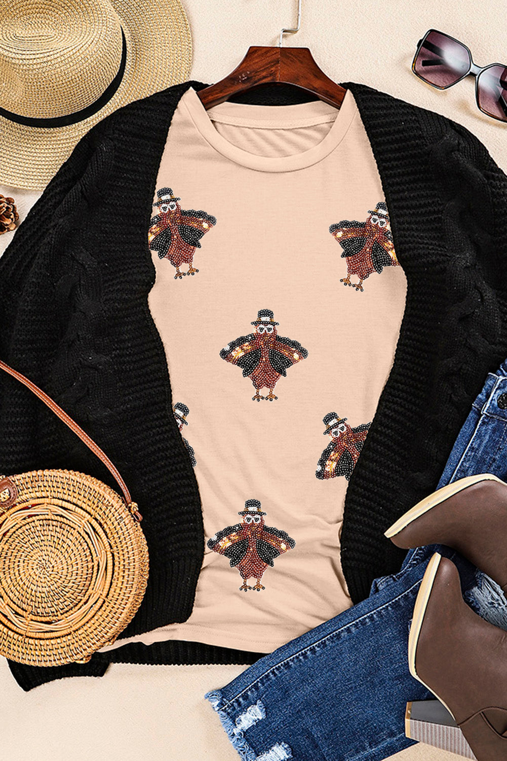 Khaki Sequined Turkey Patched Thanksgiving T Shirt