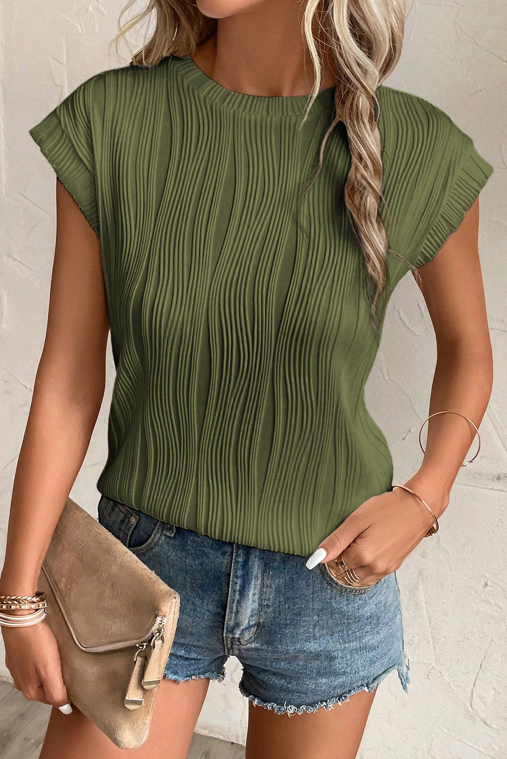 Wavy Texture Cap Sleeve Top in Jungle Green