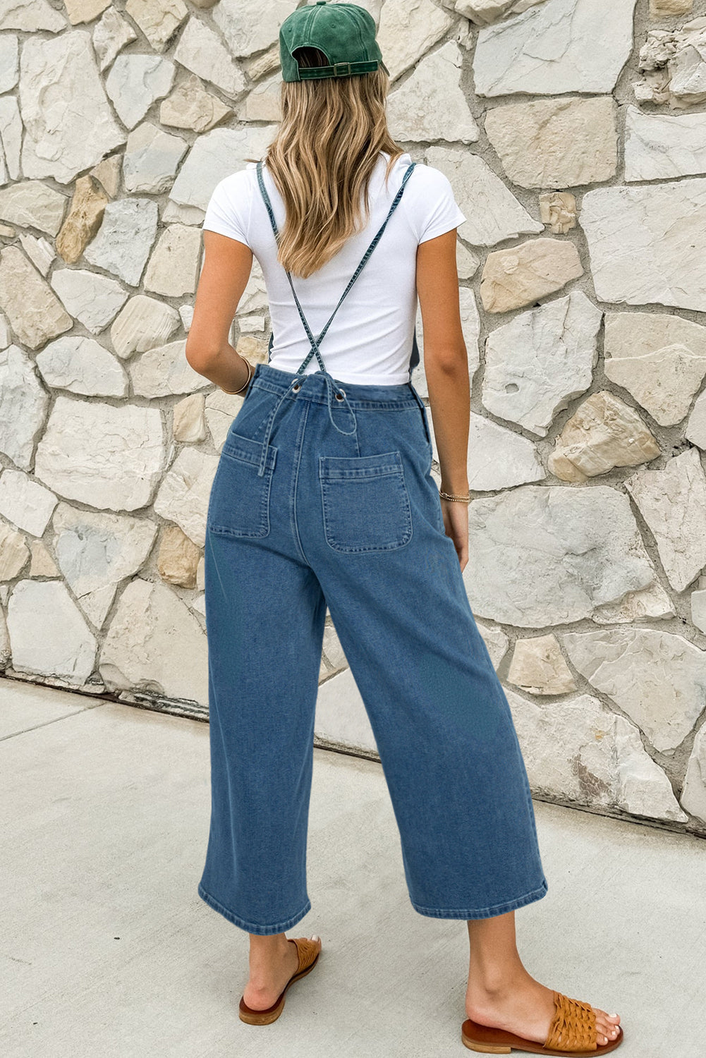 Dusk Blue Adjustable Tie Straps Cropped Wide Leg Denim Overalls