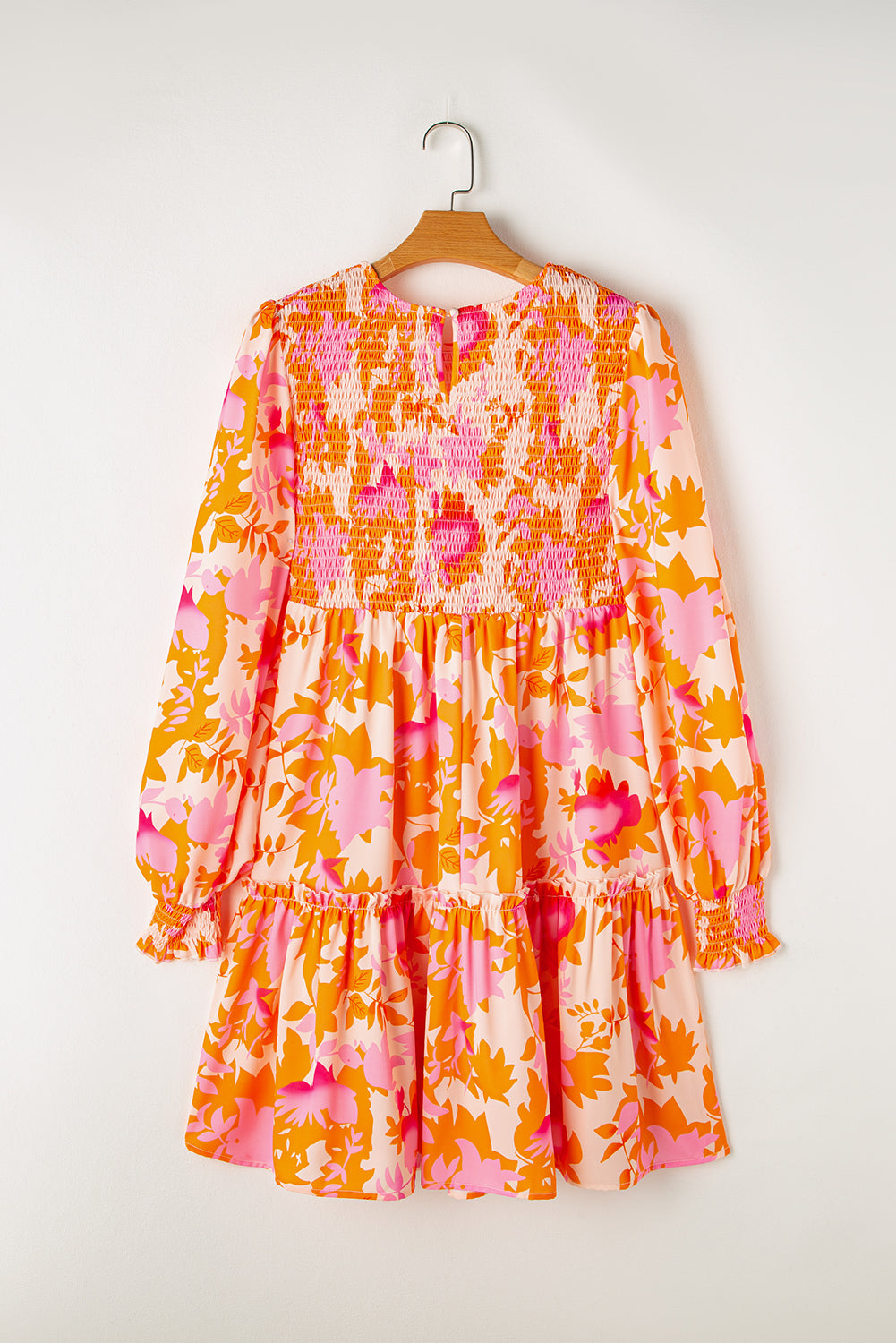 Orange Abstract Print Smocked Lantern Sleeve Ruffle Mini Dress