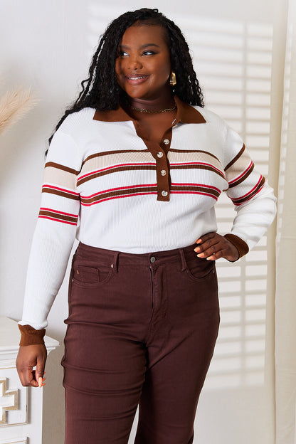 Striped Collared Neck Rib-Knit Top in Beige
