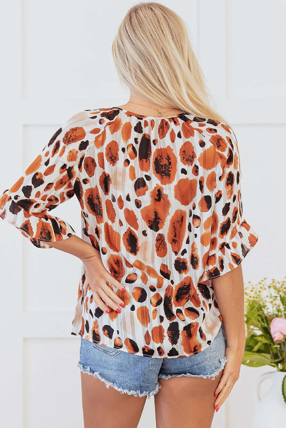 Brown Metallic Pleated Abstract Printed Ruffled 3/4 Sleeve Blouse