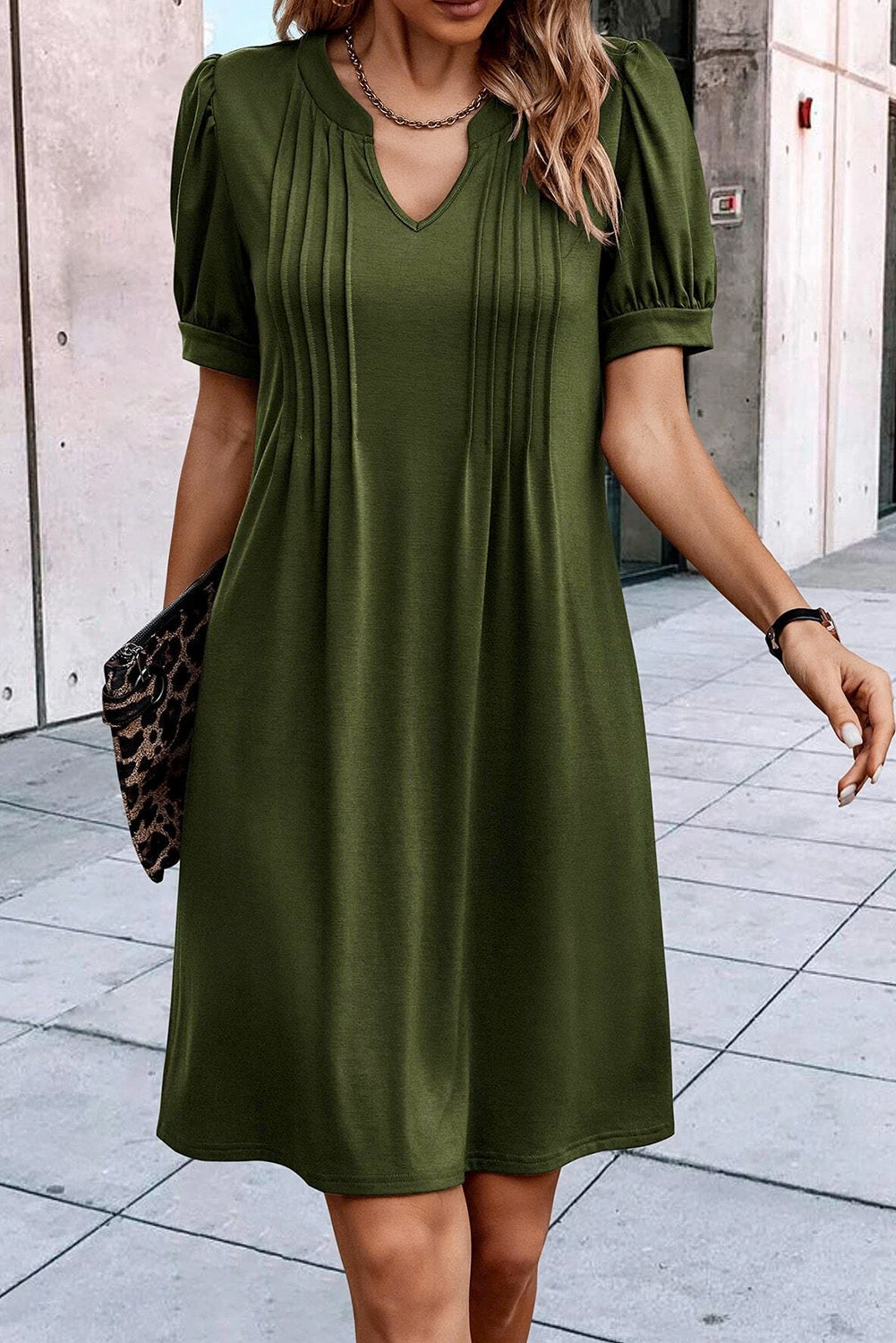 Pleated Puff Sleeve Dress with Notched Neckline in Fern Green