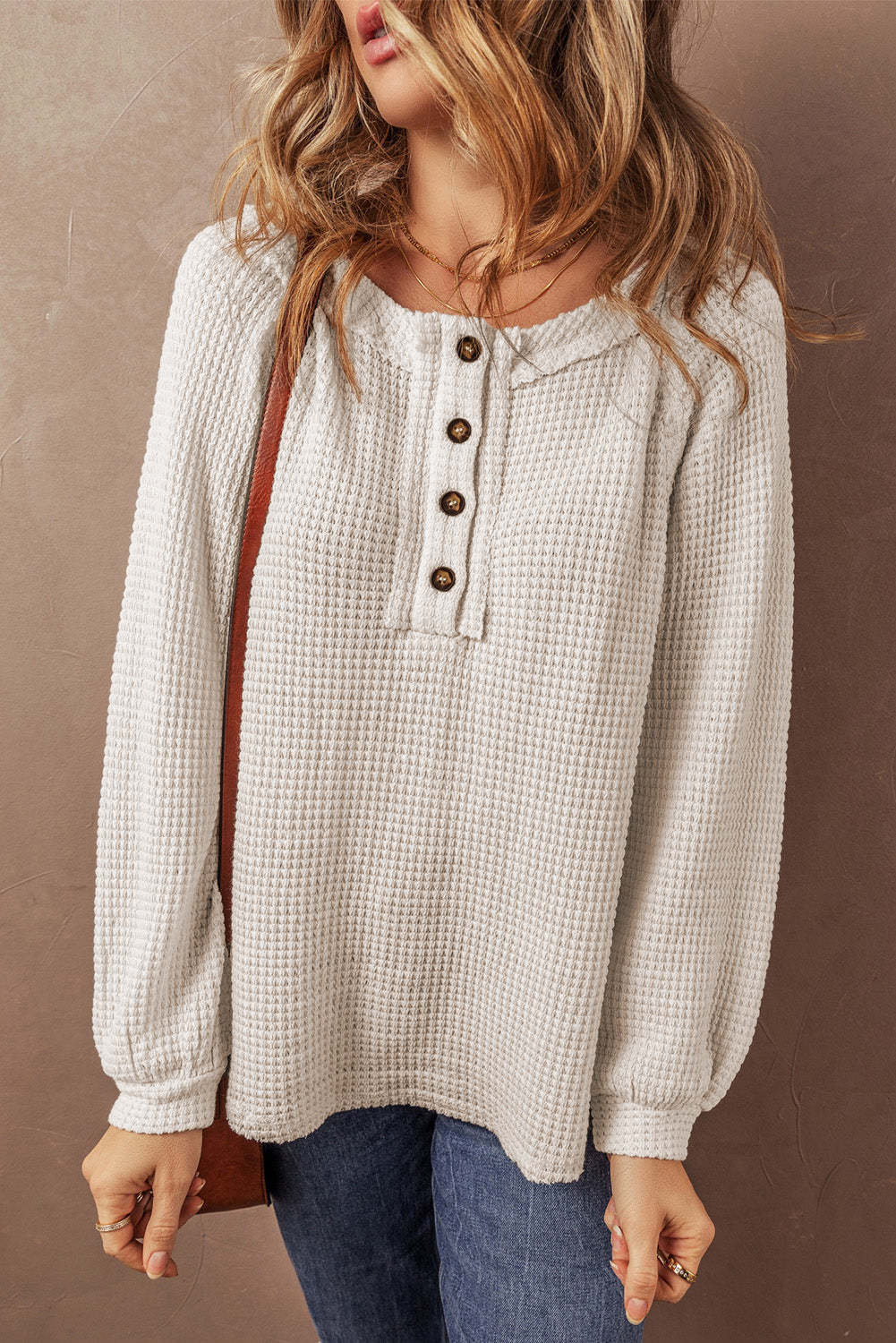 Oatmeal Waffle Knit Buttoned Front Raglan Sleeve Loose Sweater