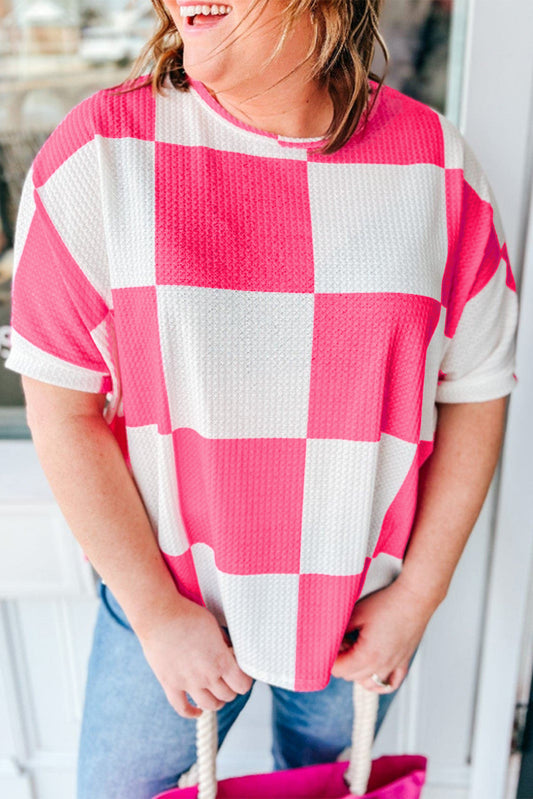 White Textured Checkerboard T Shirt in CURVY SIZE ONLY