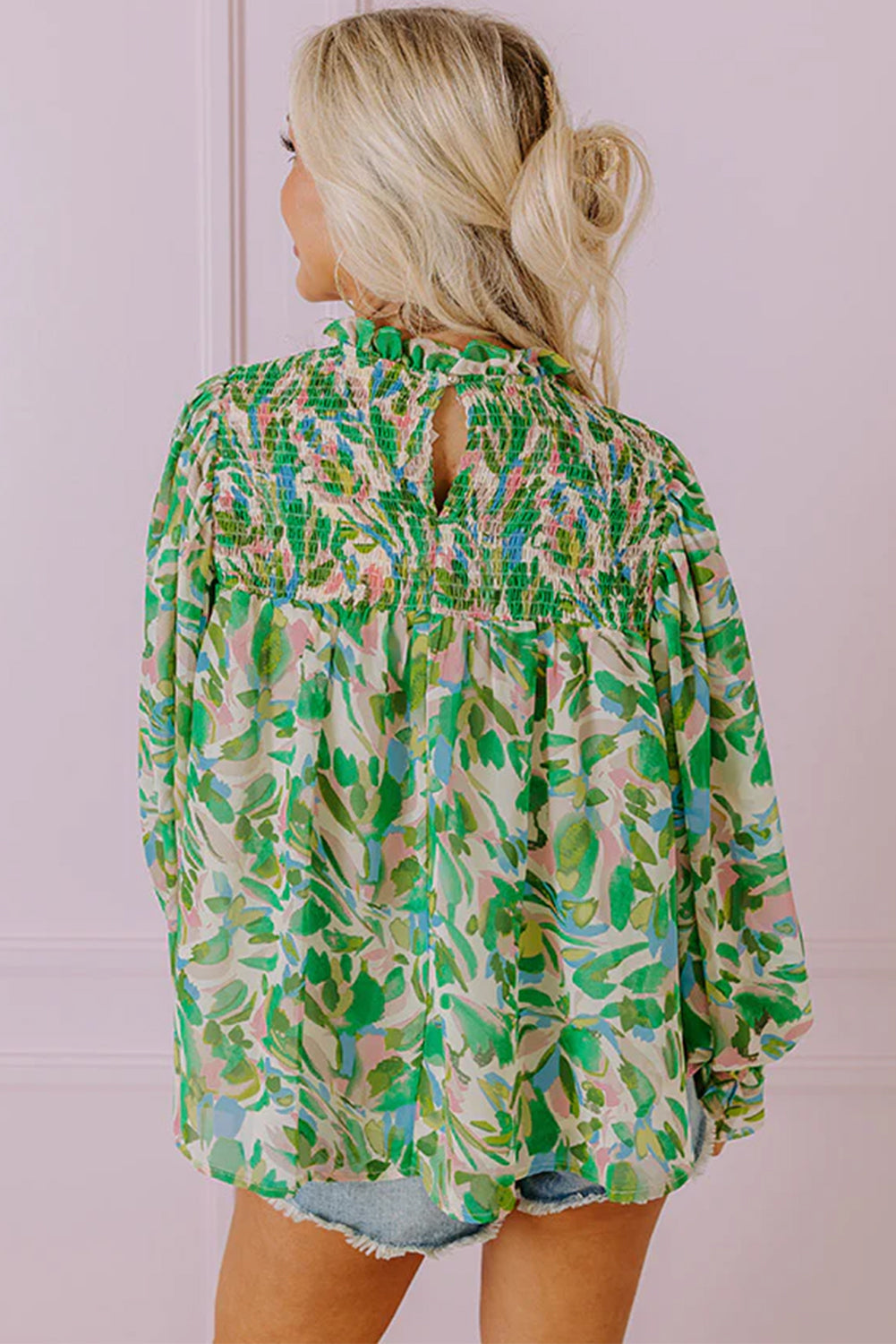 Green Leafy Printed Flounce Sleeve Blouse