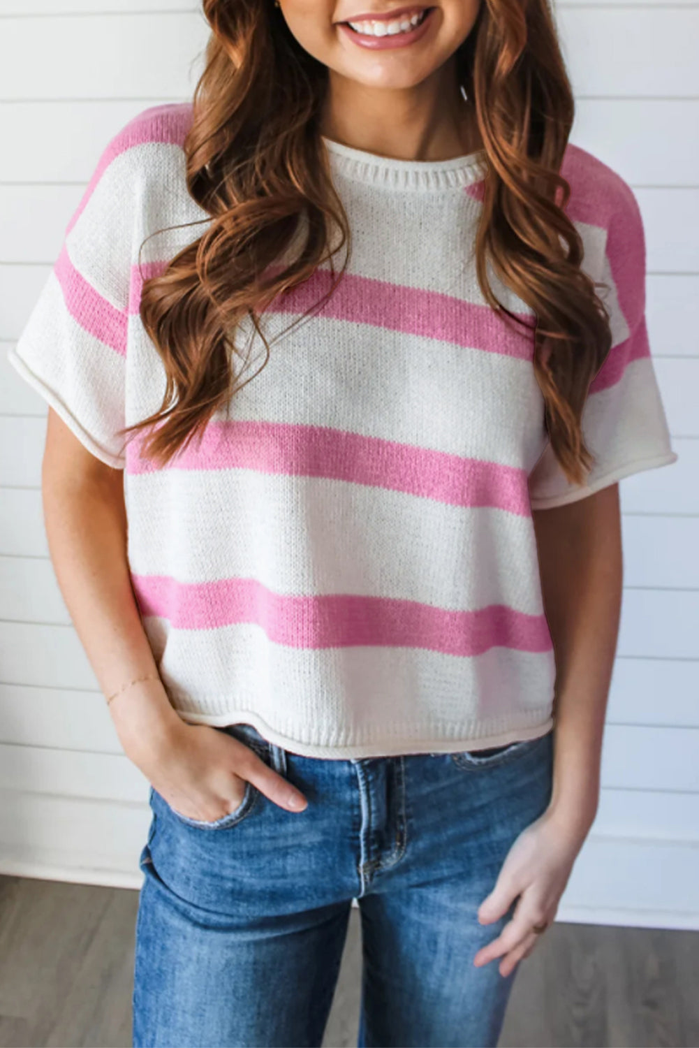 Stripe Short Sleeve Lightweight Knitted Sweater