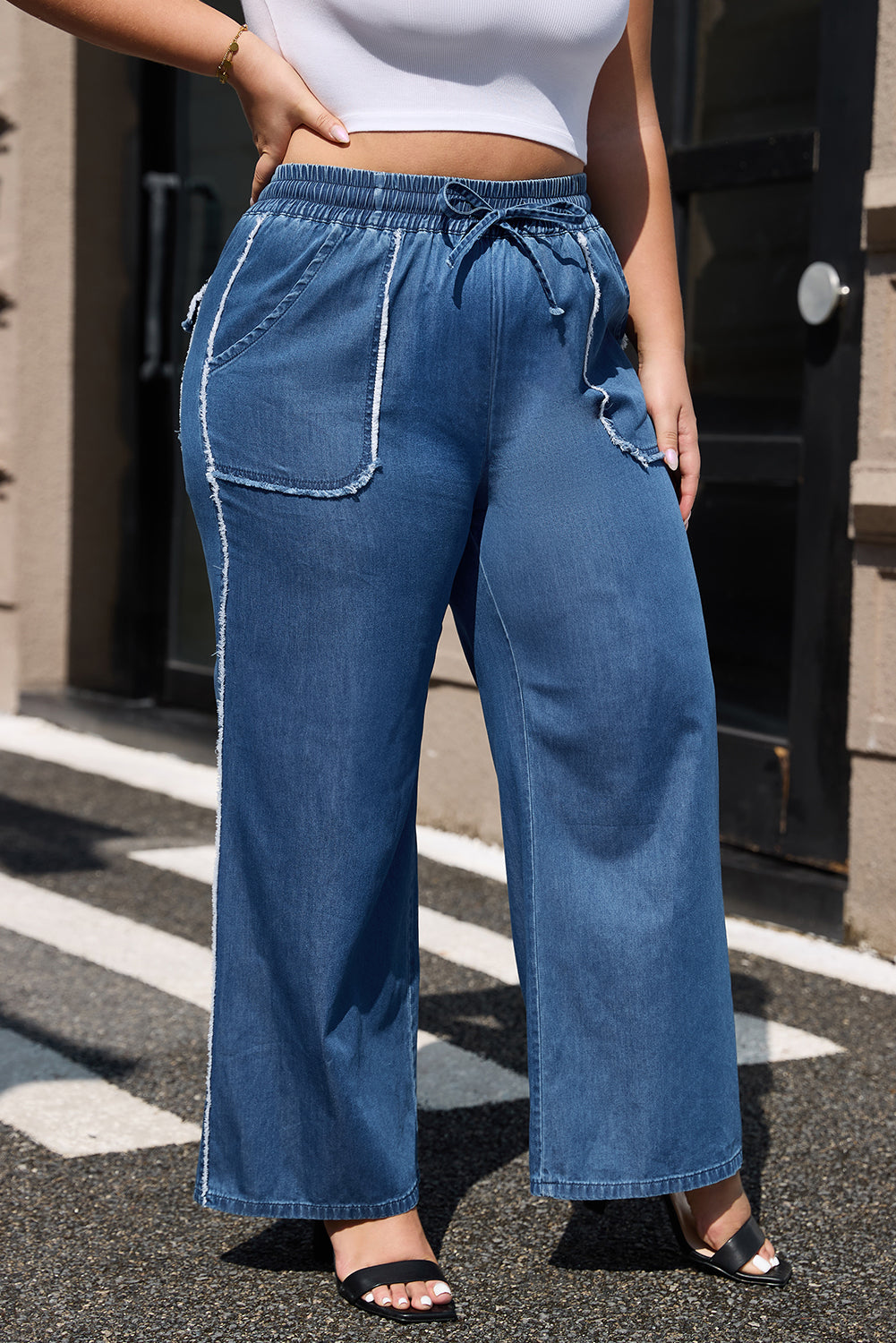 Blue Washed Denim Chambray Loose Pants in CURVY SIZE ONLY