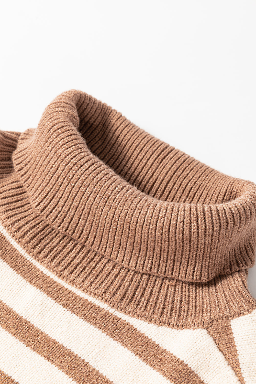 Brown Stripe Colorblock Bishop Sleeve Turtleneck Sweater