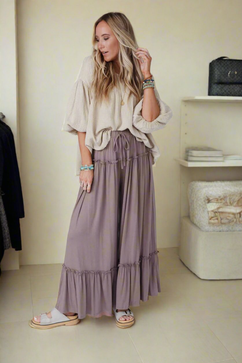 Frilled Drawstring High Waist Wide Leg Pants