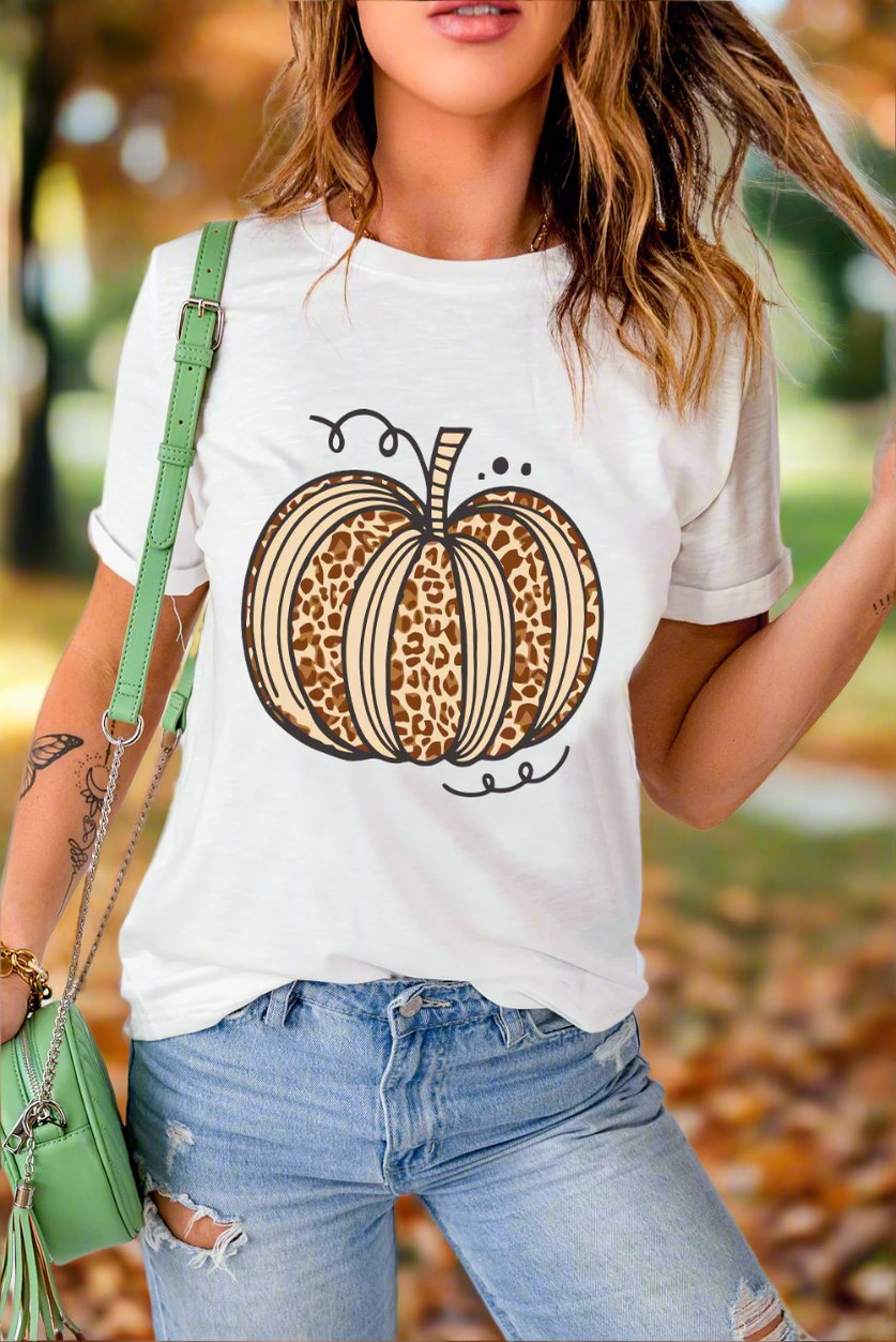 White Leopard Pumpkin Graphic Crewneck Halloween T Shirt