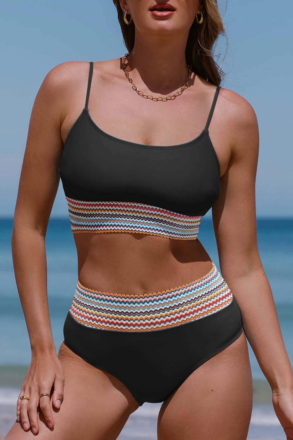 Striped Patchwork Spaghetti Strap High Waist Bikini Swimsuit