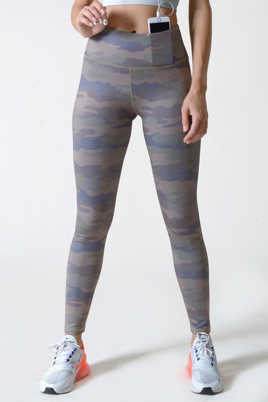 Person wearing camouflage leggings on a white background