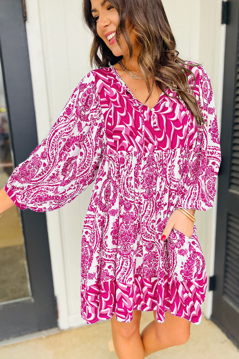 Bohemian Print Puff Sleeve Tied V Neck Flared Mini Dress