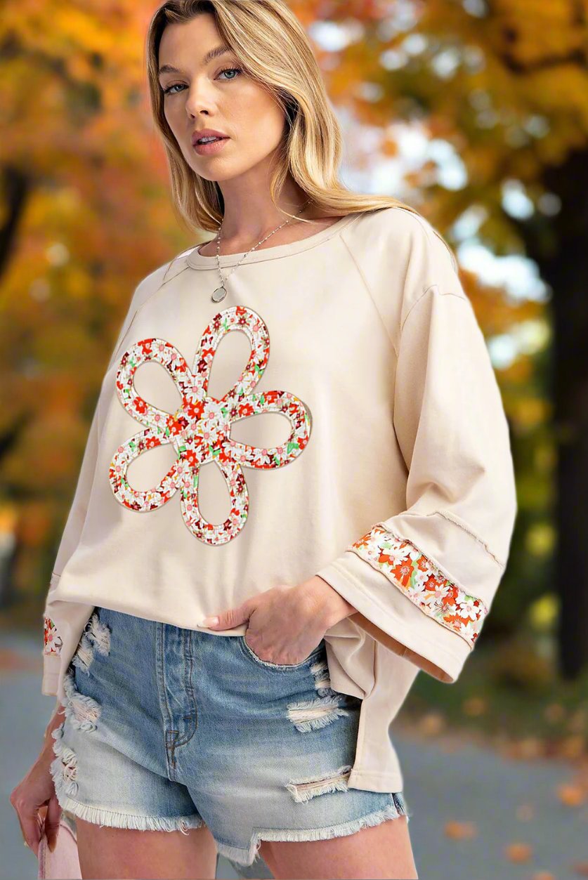 Beige Flower Patch Graphic Exposed Seam Wide Sleeve Top