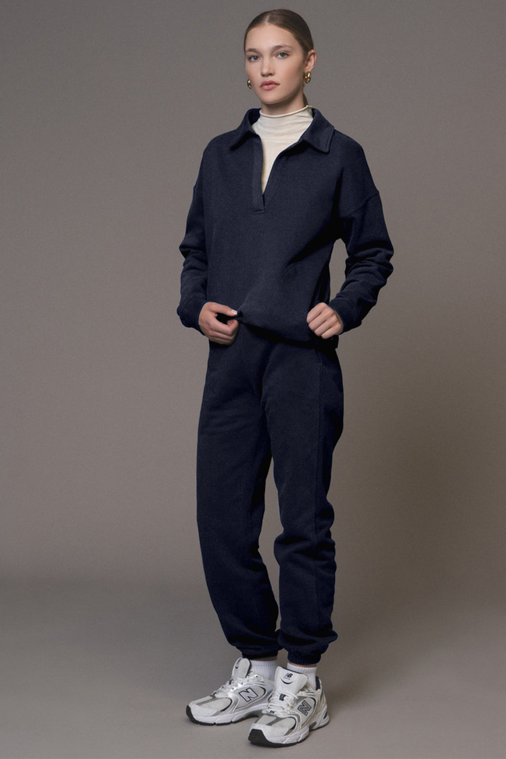 Navy Blue Fold Down Collar Pullover and Joggers Tracksuit