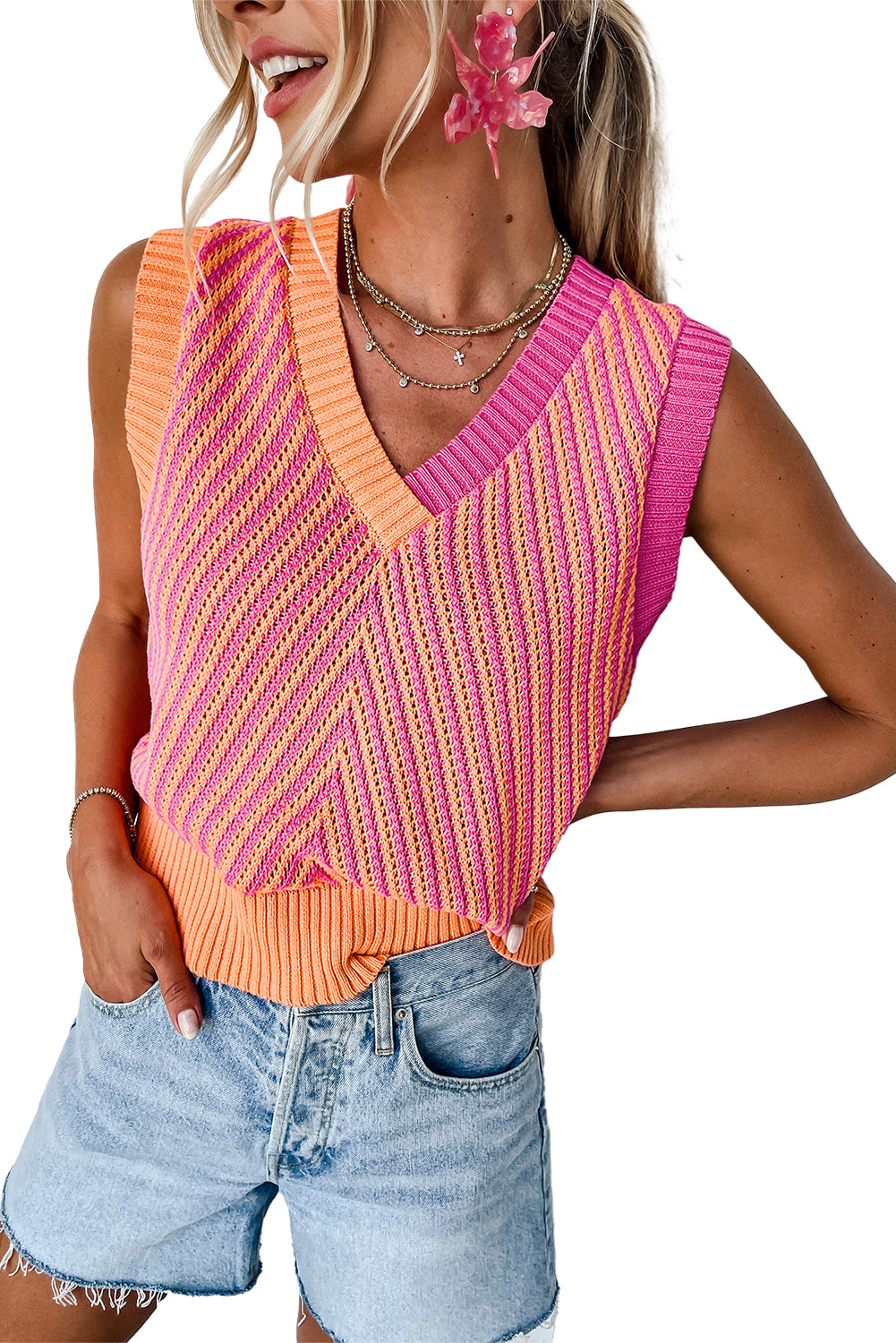 Contrast Chevron Knit V Neck Sweater Vest in Strawberry Pink