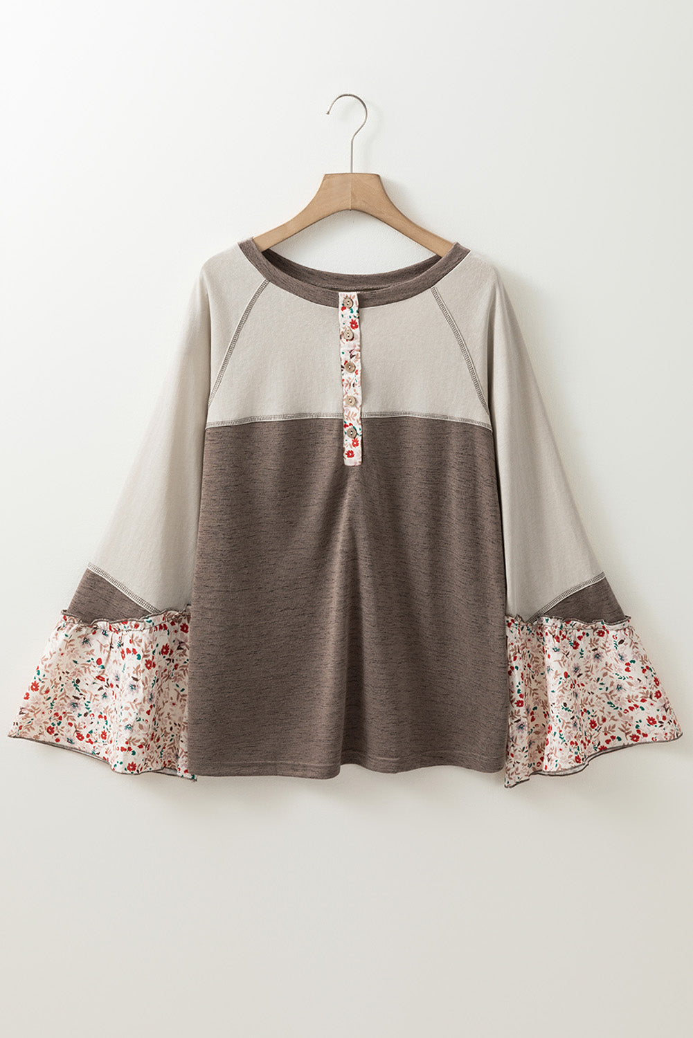 Goat Floral Patchwork Flared Sleeve Buttons Henley Top