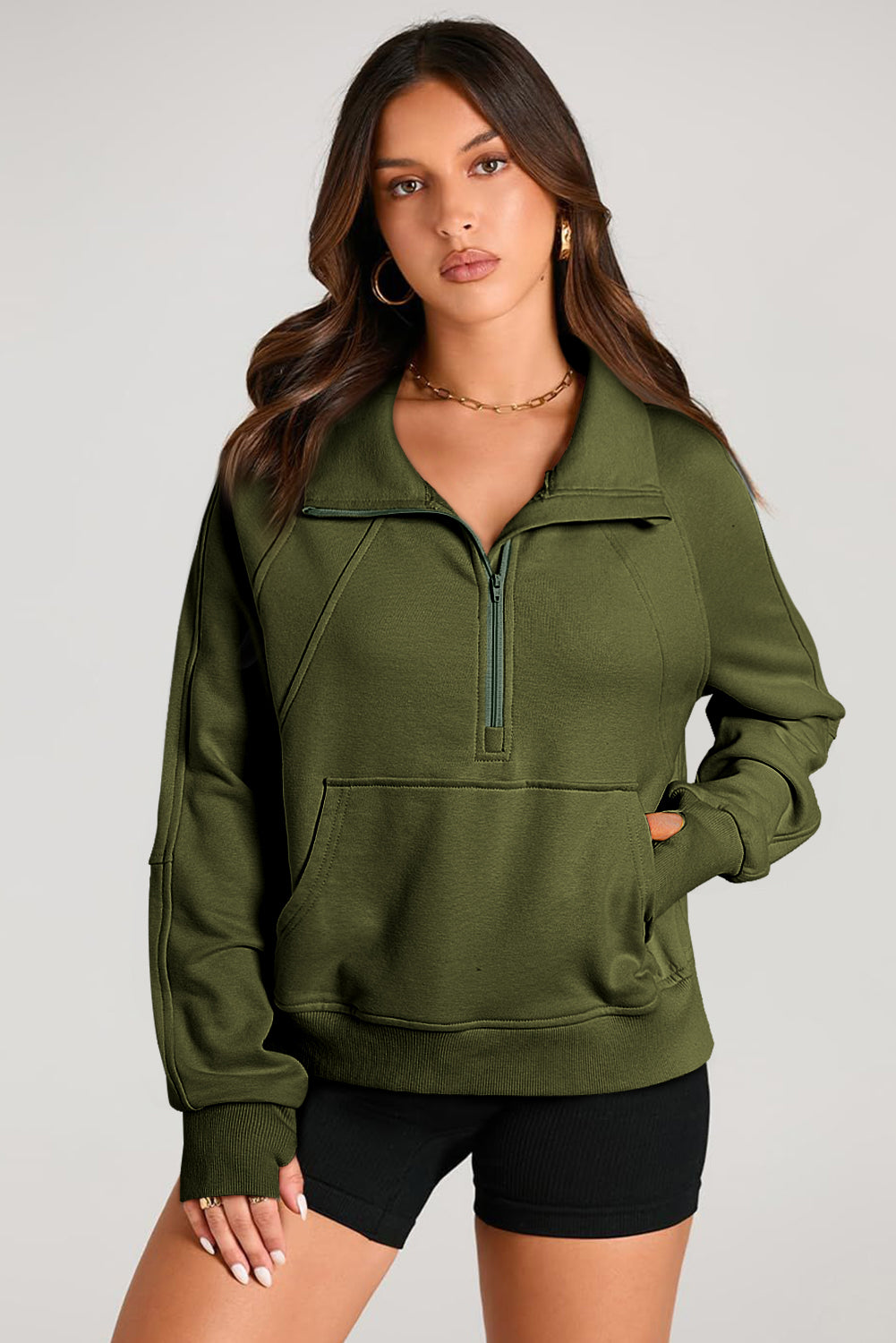 Quarter Zip Stand Neck Kangaroo Pocket Sweatshirt