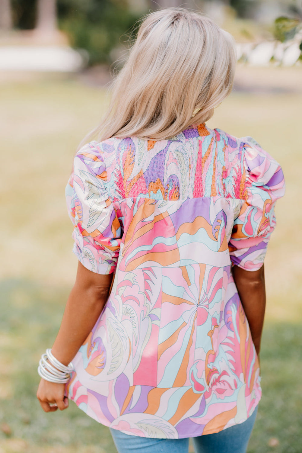 Pink Abstract Blouse with Bubble Sleeve