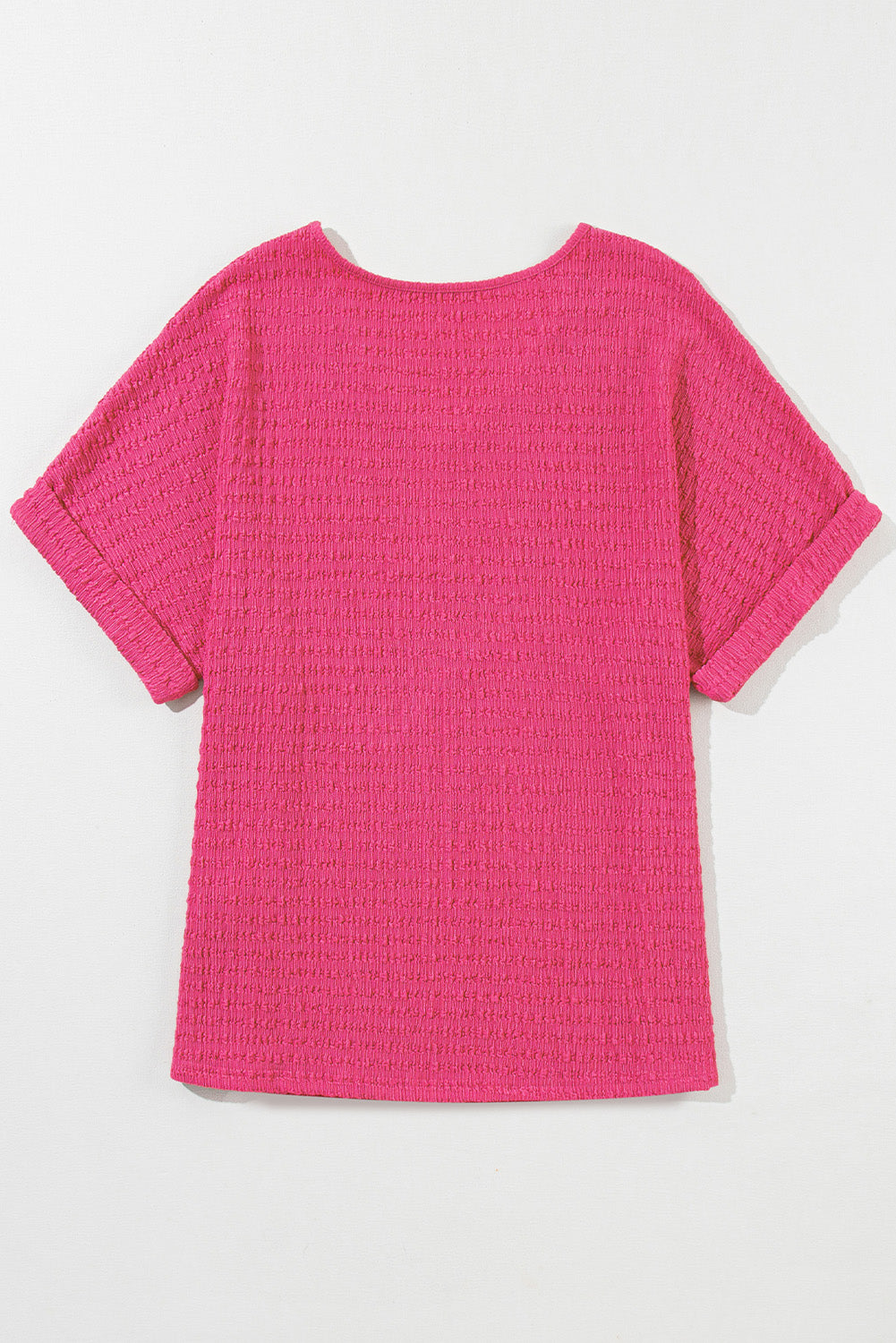 Bright Pink Textured Rolled Short Sleeve V Neck Top