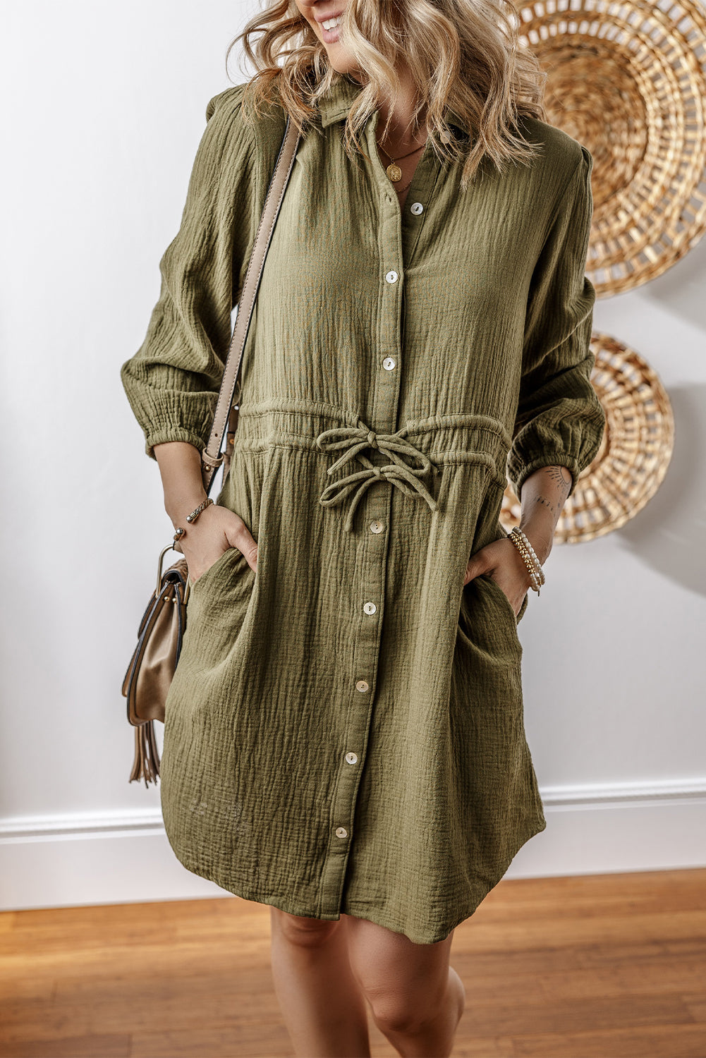 Jungle Green Textured Bracelet Sleeve Collared Button Up Mini Dress