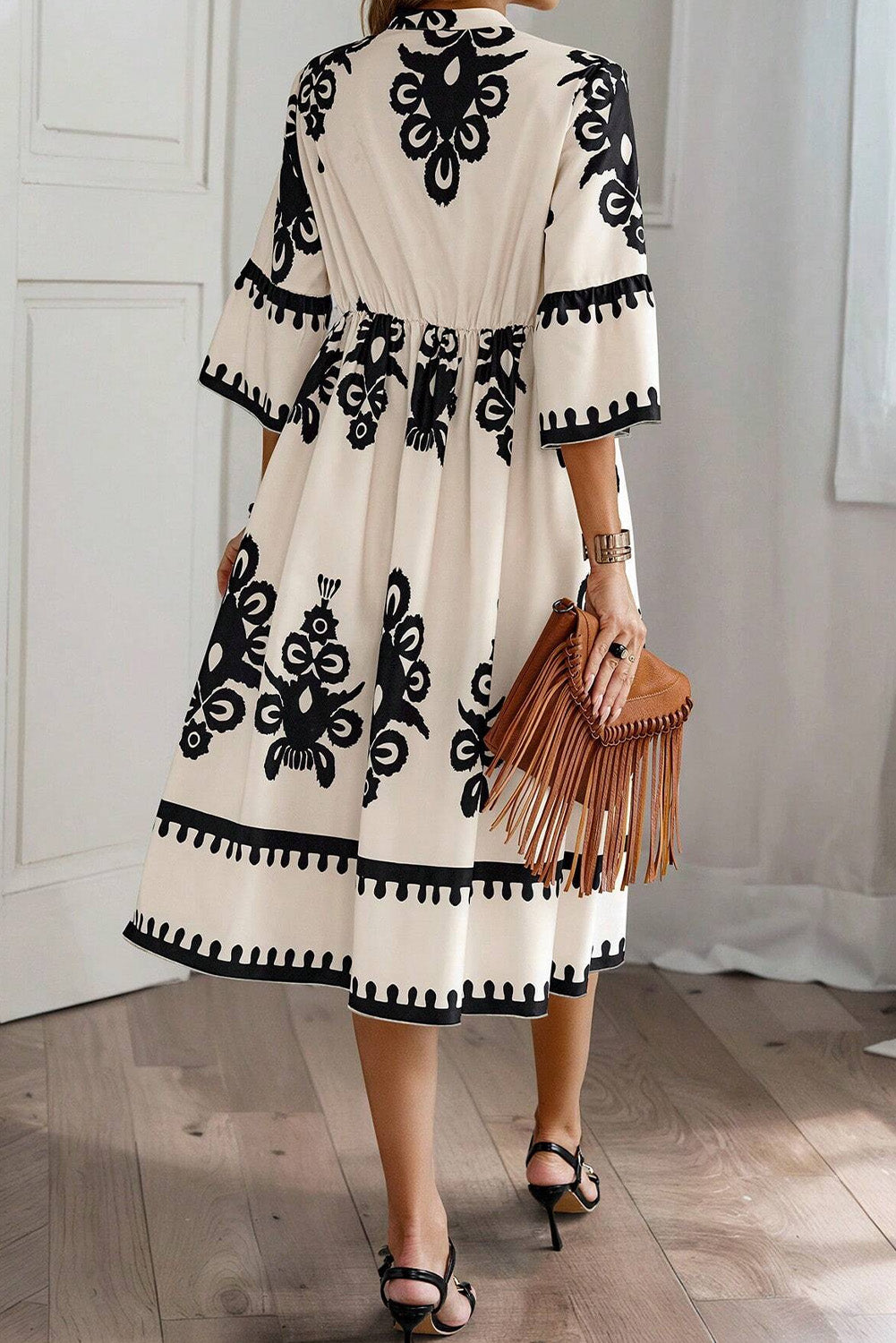 Western Geometric Print 3/4 Sleeve Loose Midi Dress