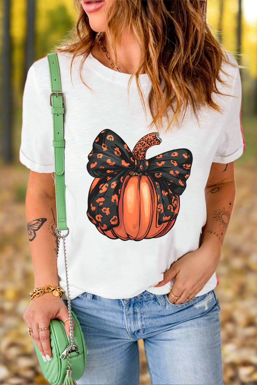 White Halloween Bowknot Pumpkin Graphic Crewneck T Shirt