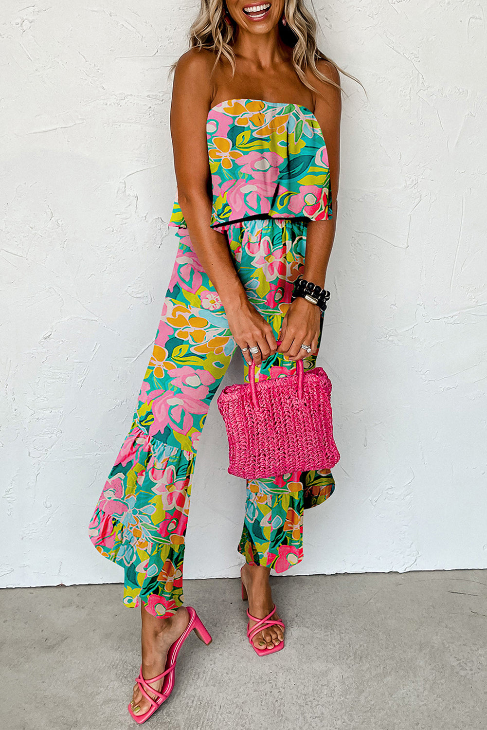 Tropical Print Strapless Ruffled Jumpsuit