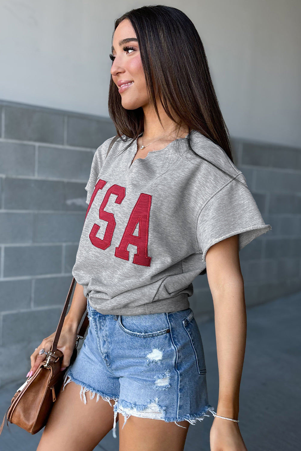 USA Lettering Patch Notched Neck Loose Tee