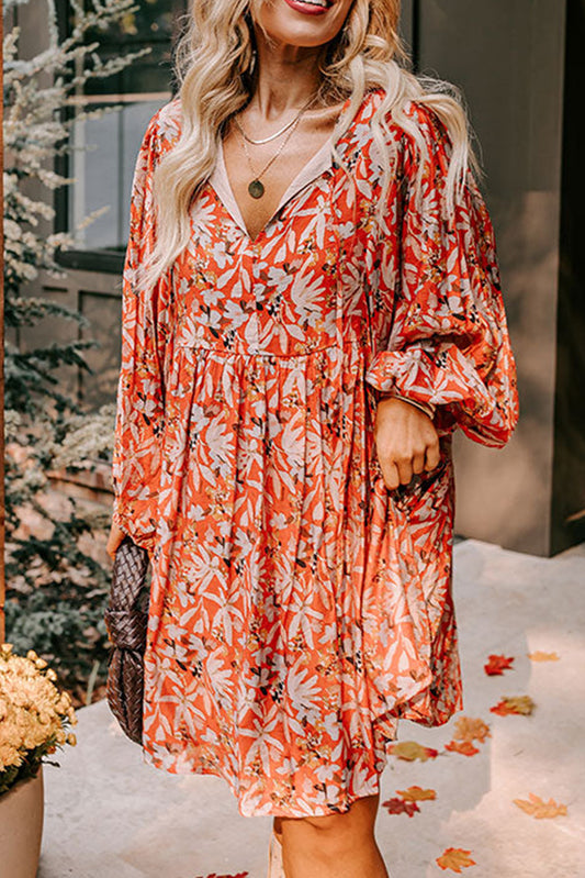 Orange Floral Print Bubble Sleeve Midi Dress in CURVY SIZE ONLY