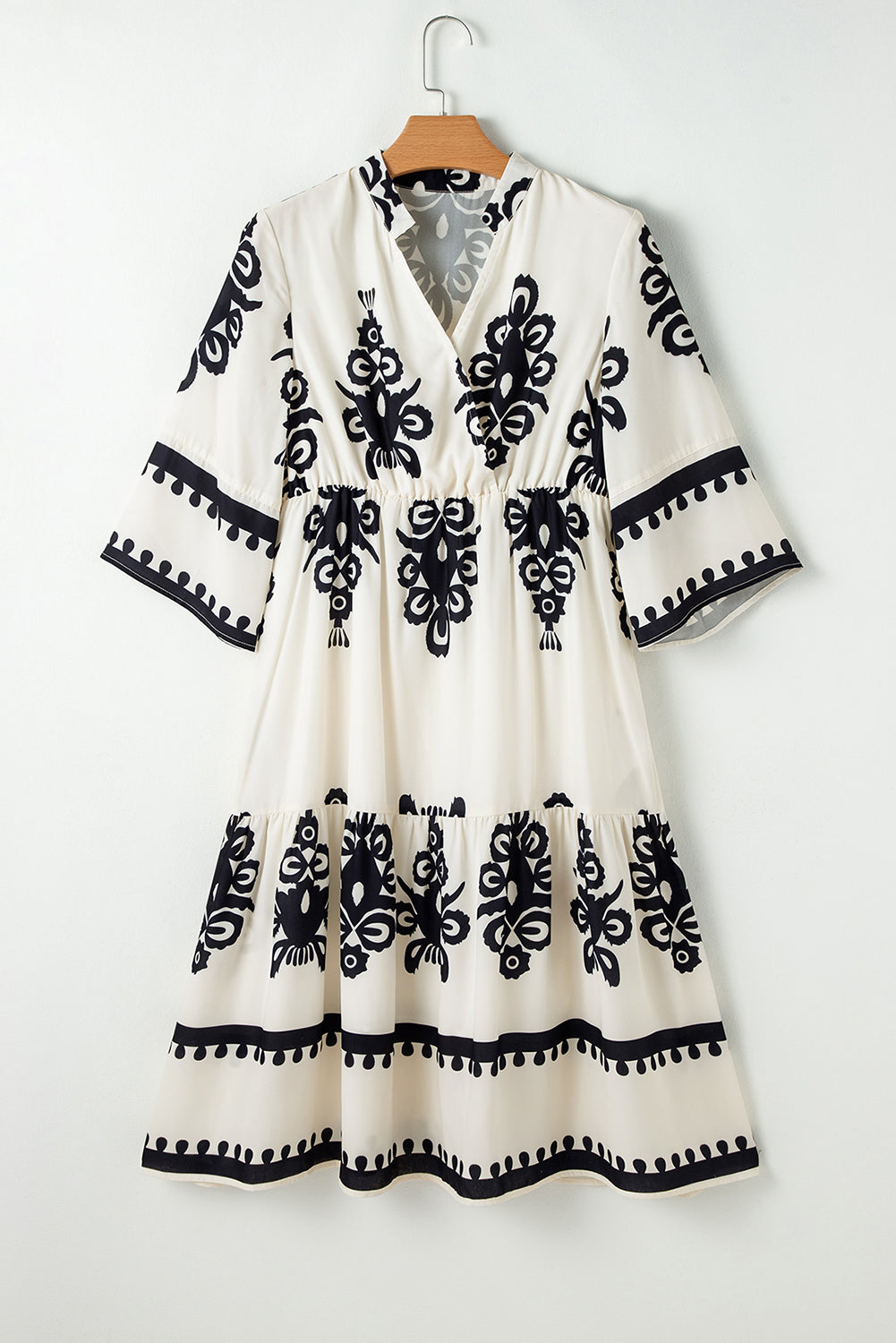 Western Geometric Print 3/4 Sleeve Loose Midi Dress