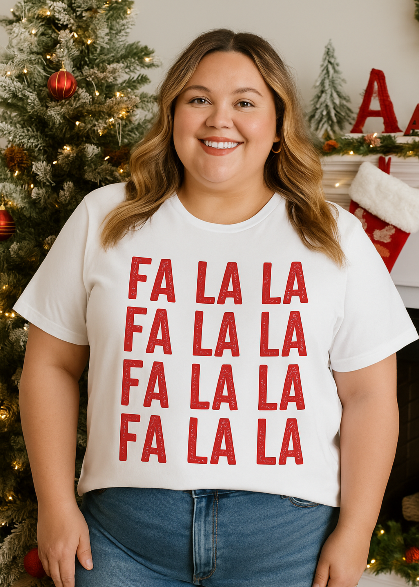 Person wearing a white t-shirt with 'FA LA LA' text in front of a Christmas tree.
