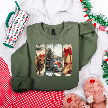 Green sweatshirt with festive design on a white surface with Christmas decor