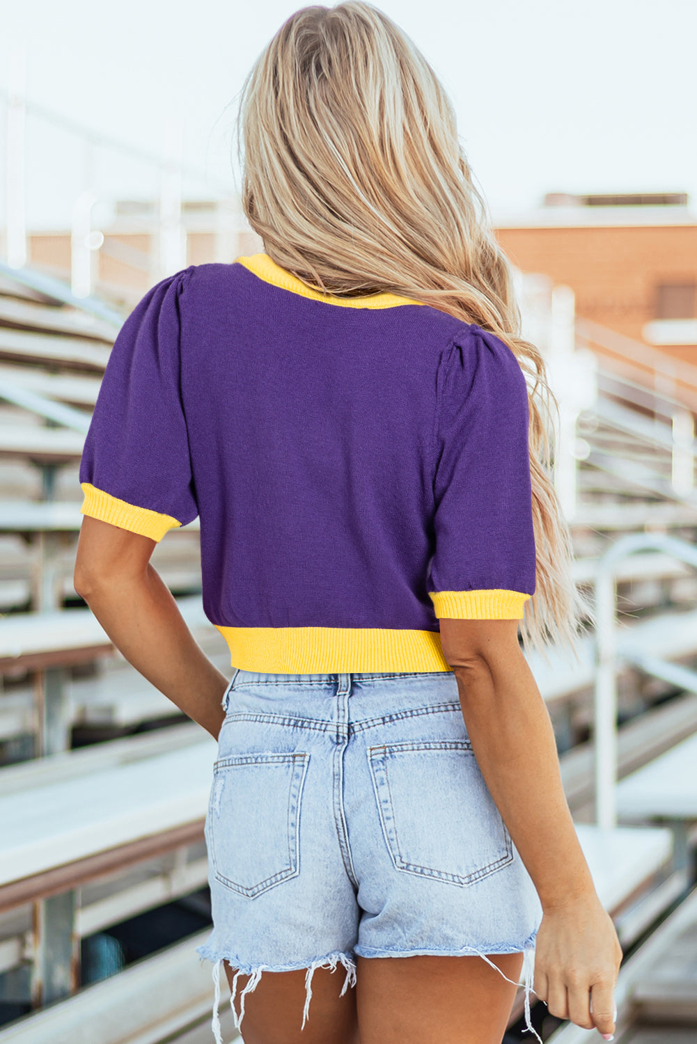 Purple Sequin Football Puff Short Sleeve Sweater