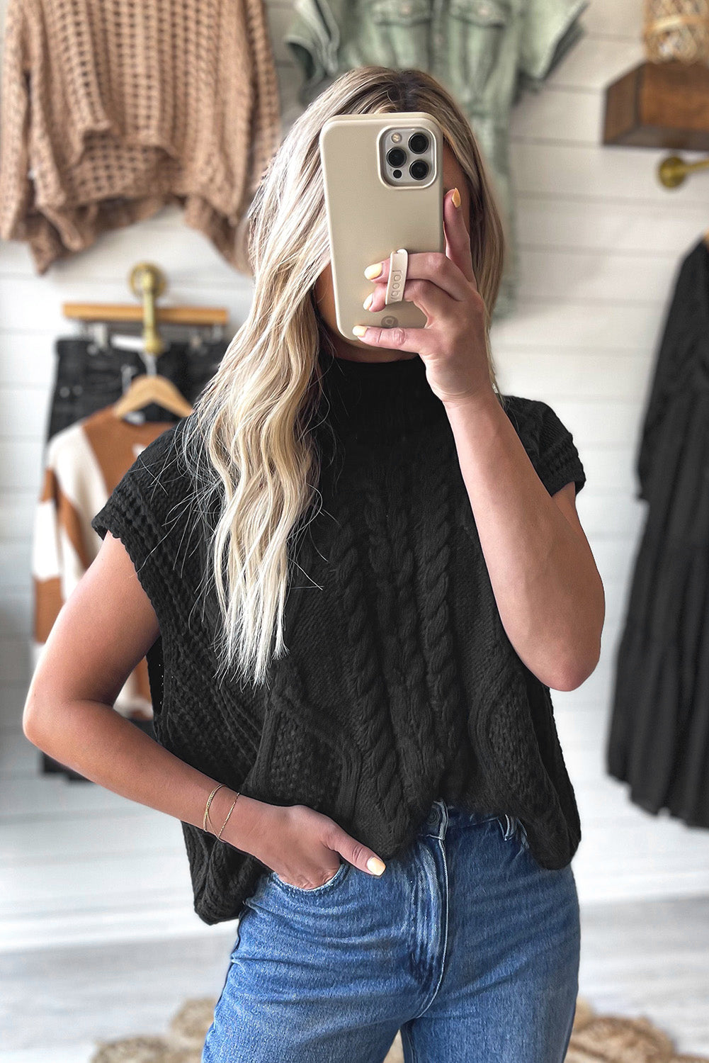 Black Cable Knit High Neck Sweater Vest